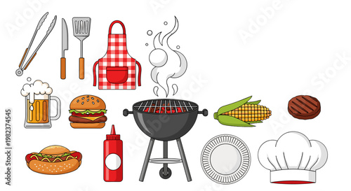 Collection of barbecue tools food and ingredients