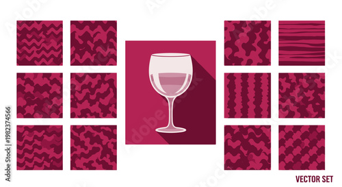 Collection of textured fabric swatches with a glass of wine in center