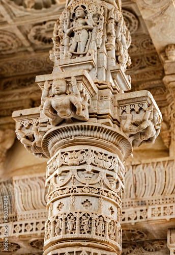 Ranakpur Jain Temple in Rajasthan, built in the 15th century and dedicated to Adinatha, is famed for its marble design, 1,444 unique pillars, symmetry, and serene spiritual ambiance.