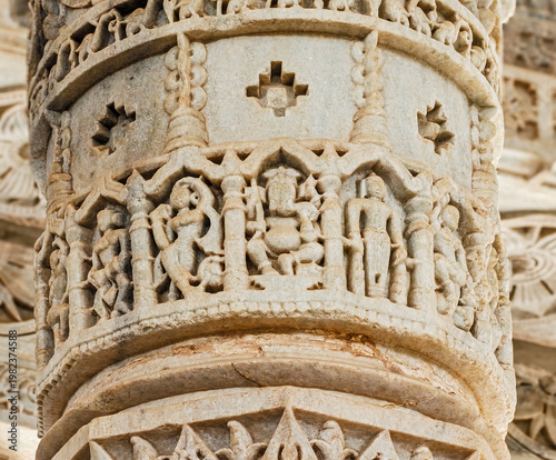 Ranakpur Jain Temple in Rajasthan, built in the 15th century and dedicated to Adinatha, is famed for its marble design, 1,444 unique pillars, symmetry, and serene spiritual ambiance.