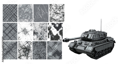 Military tank with camouflage patterns on textured background