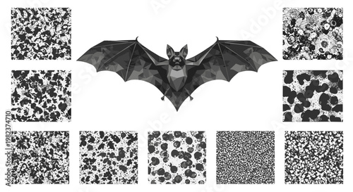 Bat with outstretched wings flying against textured background