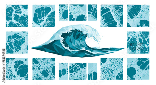 Abstract mosaic of ocean wave patterns in blue shades