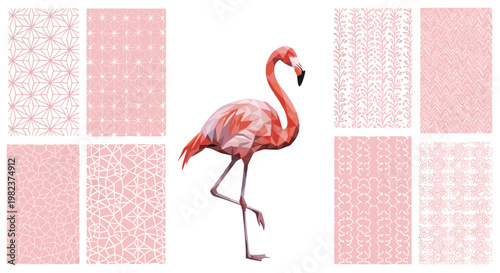 Elegant pink flamingo standing among patterned pink backgrounds