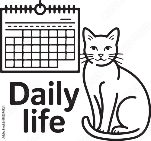Black and white illustration of a cat and calendar with text