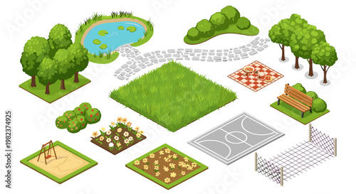 Collection of outdoor park elements including trees benches and sports areas