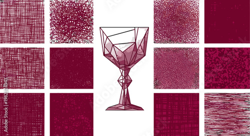 Elegant wine glass with geometric design on textured pink background