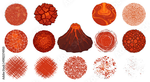 Set of various volcanic eruptions and lava formations