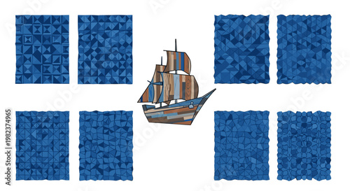 Vintage sailing ship surrounded by blue textured abstract background