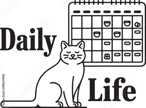 Black and white illustration of a cat next to a calendar