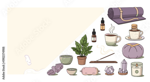 Assorted wellness and relaxation items including candles and herbs