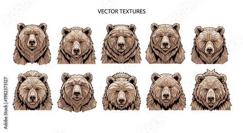 Collection of realistic bear head vector textures for design projects