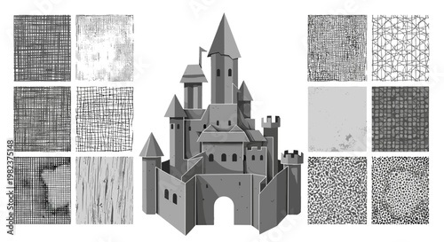 Illustration of a medieval castle with towers and battlements