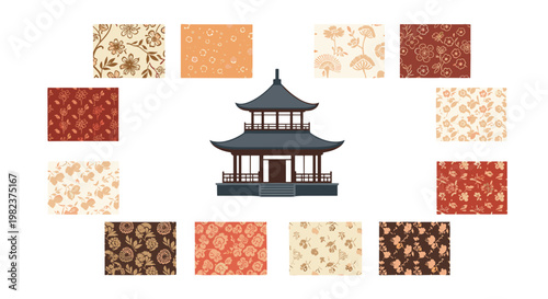Traditional asian pagoda surrounded by decorative patterned tiles