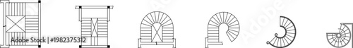 Technical architectural set of five staircase designs showing straight, arched, and spiral configurations in plan and elevation views.