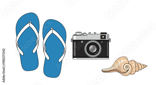 Summer vacation travel accessories including flip flops camera shell