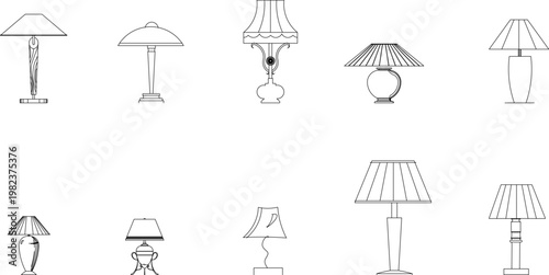 Minimalist outline vector illustration set of elegant table lamps, featuring classic silhouettes and linear decorative details.
