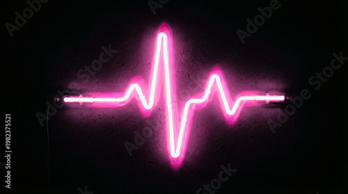 Neon pink heartbeat line on dark wall, glowing pulse of life medical sign, vibrant electric EKG cardiogram rhythm, retro synthwave aesthetic