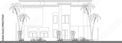 Minimalist architectural elevation vector of a modern villa facade, featuring palm trees and geometric lines for a tropical feel.