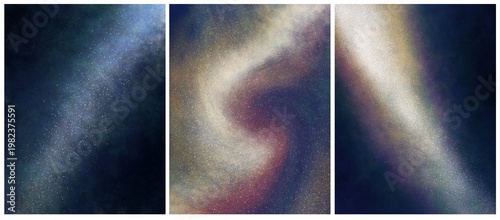 Set of interior posters with starry night and galaxies, dark and light wallpapers with cosmos, outer space background combo with stars in sky