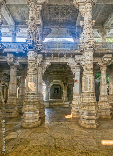 Ranakpur Jain Temple in Rajasthan, built in the 15th century and dedicated to Adinatha, is famed for its marble design, 1,444 unique pillars, symmetry, and serene spiritual ambiance.