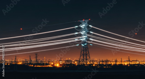 High voltage power lines transmit energy over transmission tower at night with bokeh city lights and twilight sky background.