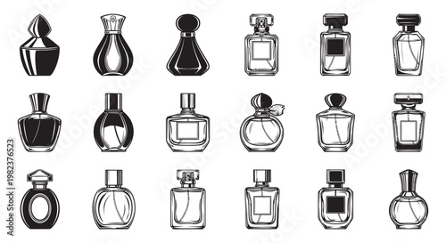 A sophisticated monochrome collection of various elegant perfume bottles, hand-drawn and isolated on white.