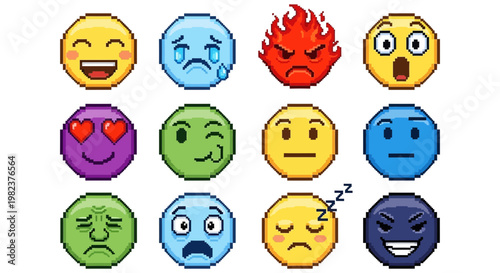 A diverse collection of colorful round emojis expressing various human emotions