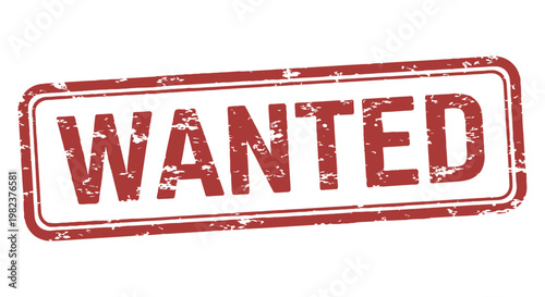 An angled red grunge textured rubber stamp clearly displays the bold text "WANTED" on white.