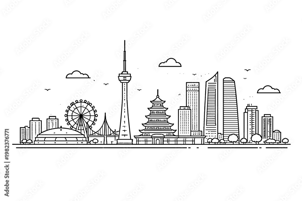 Obraz premium Changchun China City Skyline Illustration with Simple Dark Lines on White Background. Flat Vector Art featuring Landmarks like the TV Tower, Pagoda, Ferris Wheel, Bridge, and Modern Skyscrapers.