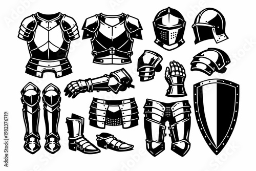 Medieval Knight Metal Armor Plates Set Vector Illustration: Black and White Historical Warrior Combat Protection Gear including Helmet, Shield, Breastplate, Gauntlets, Greaves, and Sabatons.