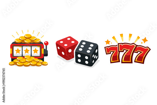 Casino Slot Machine Flat Vector Icons Set Featuring Jackpot with Gold Coins, Red and Black Dice, and Lucky 777 Symbols for Gambling, Gaming, and Betting Design Projects on White Background