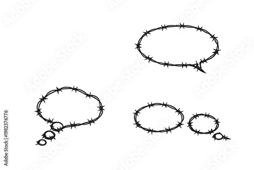 Set of Comic Speech and Thought Bubbles with Barbed Wire Outlines. Vector Illustration Representing Forbidden Thoughts, Censorship, Restricted Communication, Prison, Danger, and Sharp Dialogue.