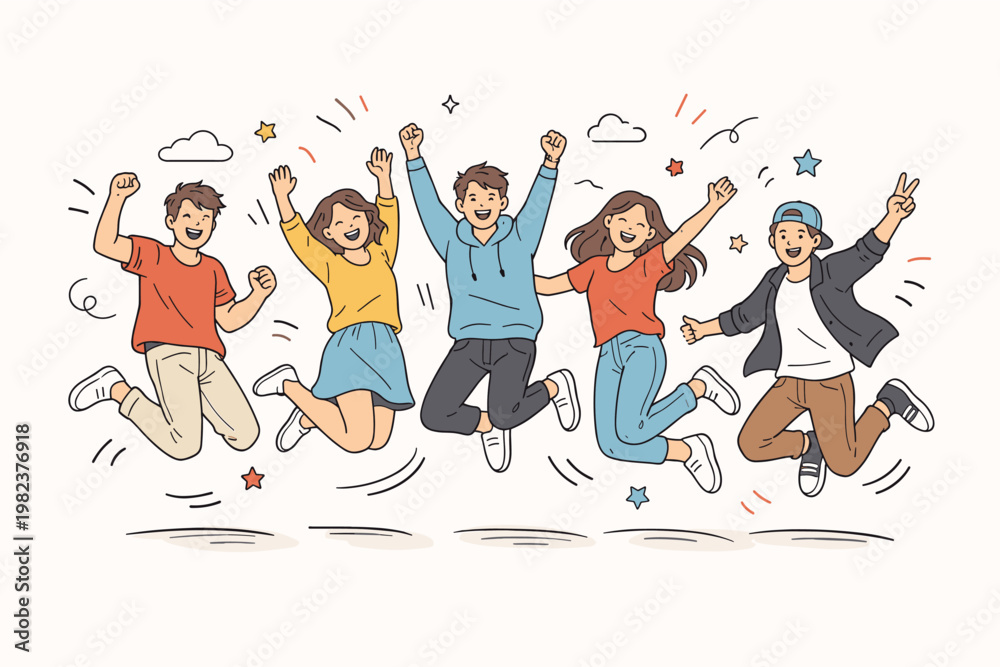 Naklejka premium Joyful Group of Diverse Young Friends Jumping for Joy in Celebration, Hand Drawn Doodle Style Vector Illustration of Happy People Expressing Excitement, Success, Freedom, and Positive Energy.