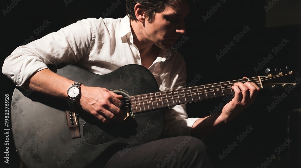 Obraz premium Young man playing acoustic guitar with a watch on his wrist