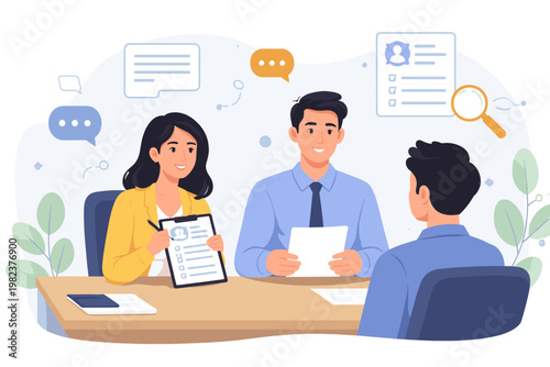 Professional HR Team Conducting Job Interview with Male Candidate in Modern Office. Human Resources Specialists Reviewing Resume and Talking to Applicant. Recruitment and Hiring Process Concept.