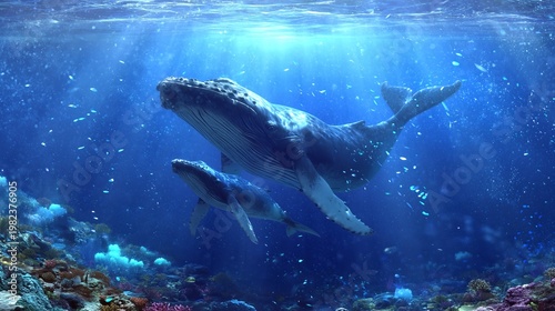 Gentle Giants of the Deep: Two majestic whales, mother and calf, glide gracefully through the serene, sun-dappled depths, a testament to the wonders of ocean life.