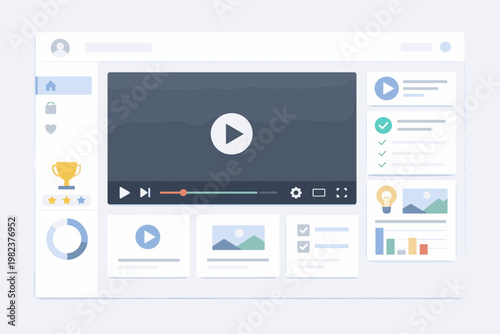 Minimalist Light Dashboard Webpage Mockup with Embedded Video Player, Sidebar Navigation, and Content Widgets. Modern UI UX Design for Online Learning, Video Streaming, or Admin Interface Panel.