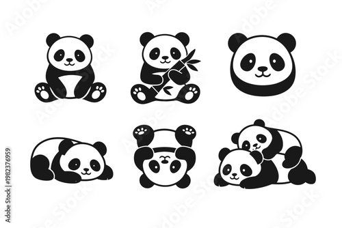 Minimalist flat design panda bear icon set with six cute poses including sitting, holding bamboo, head portrait, lying down, upside down, and playful cubs. Vector illustration for logo design.