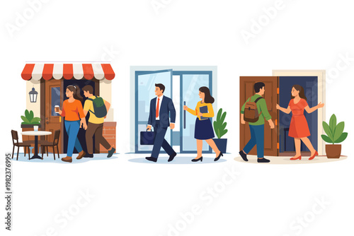 People entering and exiting buildings vector illustration set featuring characters going out of a cafe, modern office glass doors, and house entrance. Diverse men and women in daily life scenes.