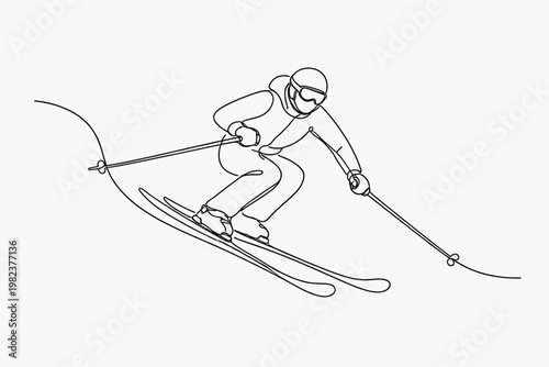 Continuous Line Drawing of a Professional Skier in Action Downhill Skiing Minimalist Vector Illustration of Winter Sports Athlete with Poles and Goggles on White Background for Modern Design