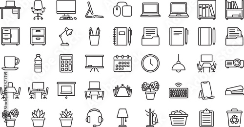 Modern Office Interior Outline Icon Set – Minimal Scandinavian Workspace Furniture Line Vector Pack for UI UX Design