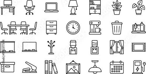 Modern Office Interior Outline Icon Set – Minimal Scandinavian Workspace Furniture Line Vector Pack for UI UX Design
