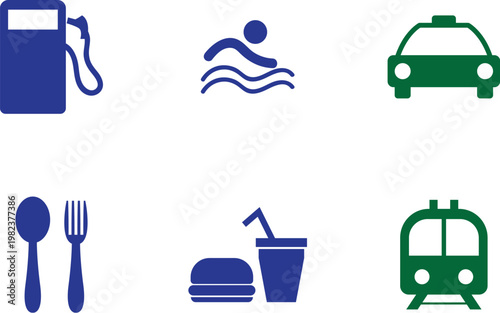 Travel and Transportation Vector Icon Set: Minimalist Blue and Green Symbols for Wayfinding, Dining, Fuel, and Public Transit