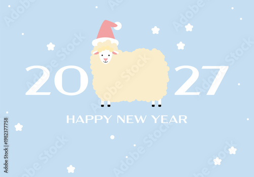 Sheep in a Santa Claus hat. Cute Christmas sheep in red hat. 2027. Sheep wearing Santa's hat for Christmas
