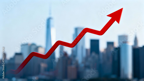 Red upward arrow on city skyline