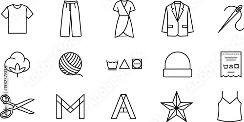 A collection of various clothing and sewing related icons on a white background