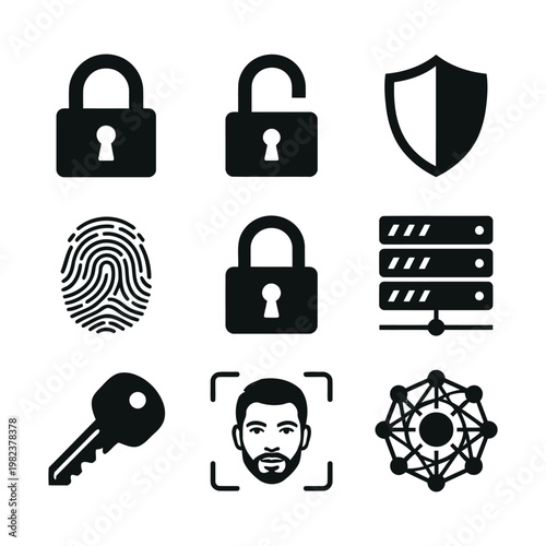 Vector set of cyber security icons, padlocks, shield, fingerprint, key, face recognition, and data server symbols isolated on white.