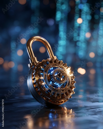 Elegant Brass Padlock Symbolizing Security Against Digital Background of Blue Lights