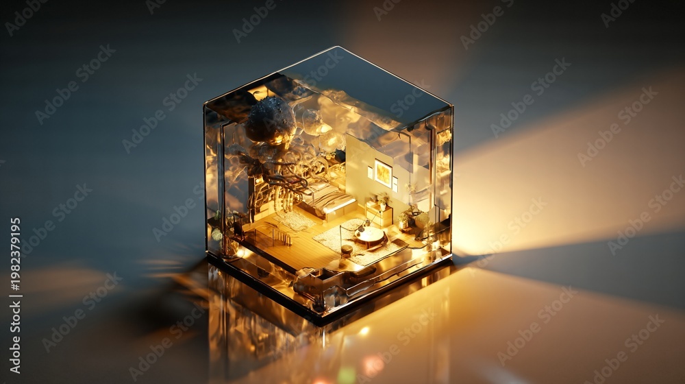 Fototapeta premium Golden Cube of Technology: A captivating close-up showcases a sleek, transparent cube containing an intricate array of miniature tech components, glowing with warm.